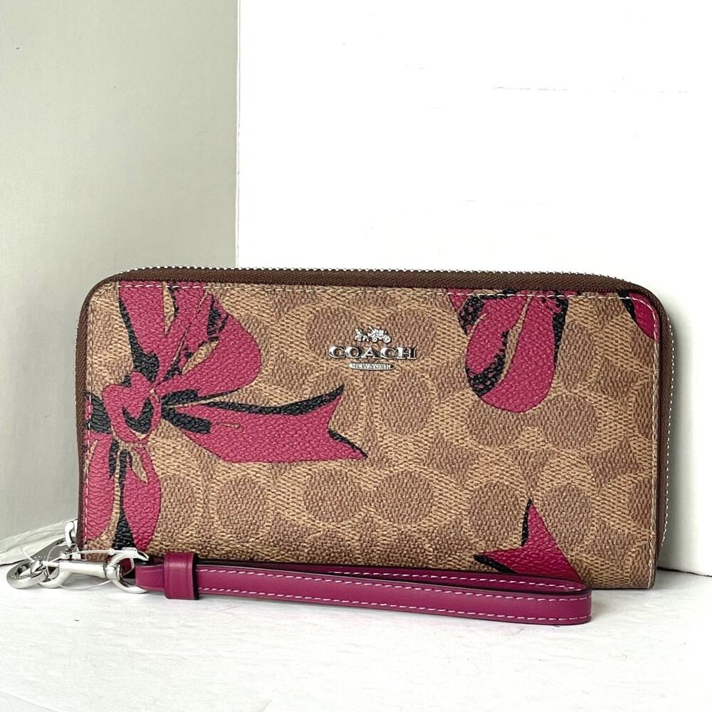 Coach CZ326 Long Zip Around Wallet Wristlet Phone Holder Signature Bow Print